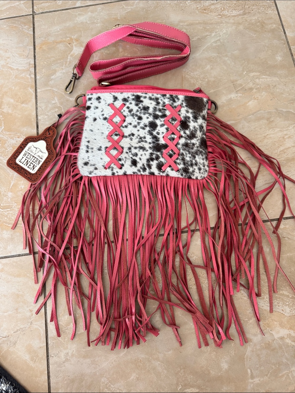 Western-Inspired Pink Fringe Crossbody with Haircalf Accent